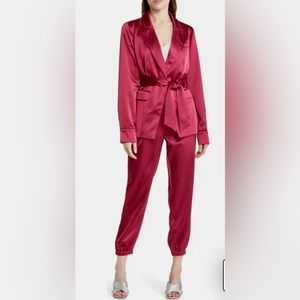 PAIGE red mulberry satin Havenn tie waist blazer jacket pant suit Small